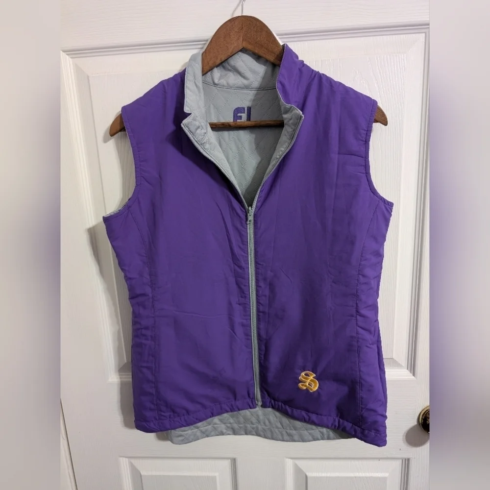 Footjoy Mens Vest Quilted Reversible Gray Purple Logo Size Small Jacket Zipper